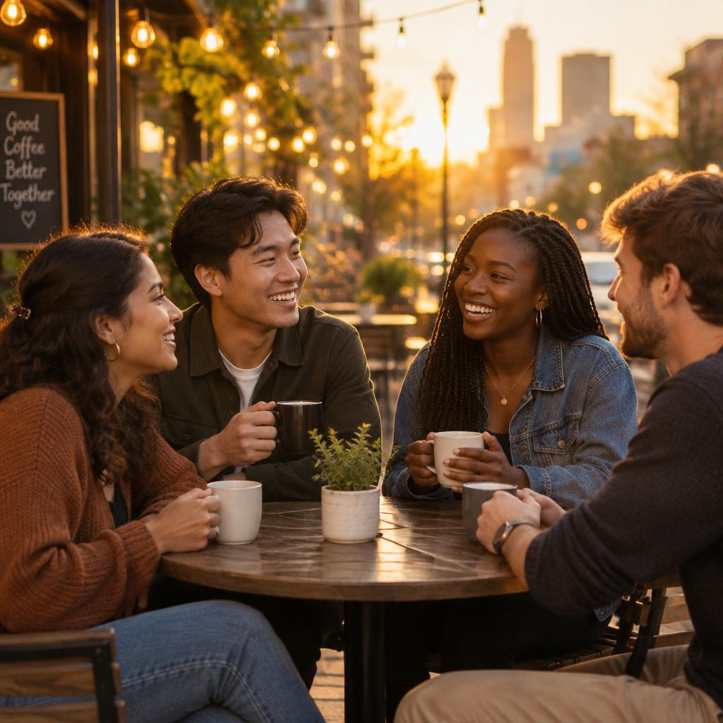 Four diverse young adults sharing coffee and conversation at an outdoor cafe during golden hour