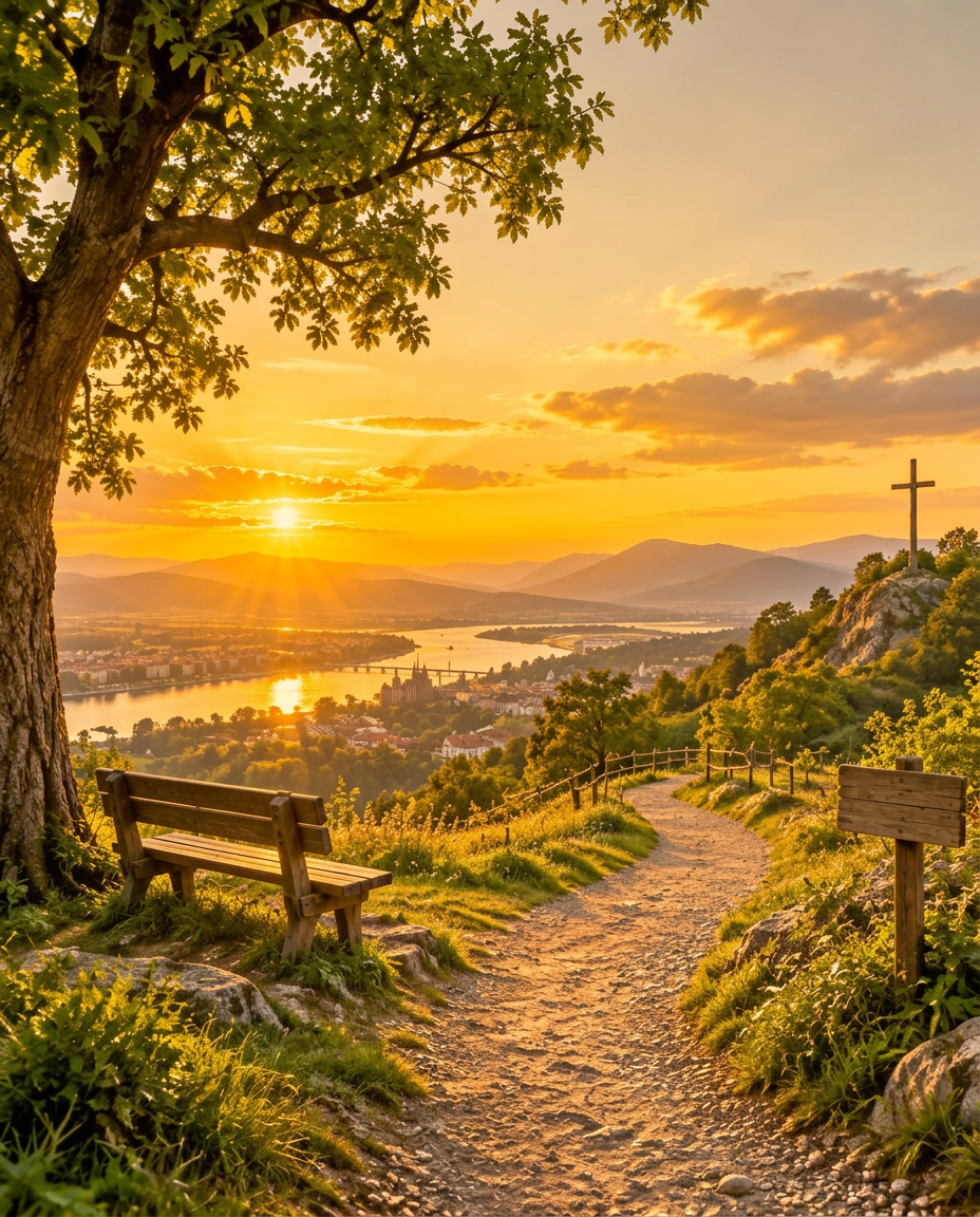 A peaceful hilltop path, wooden bench, and cross overlooking a valley at sunset